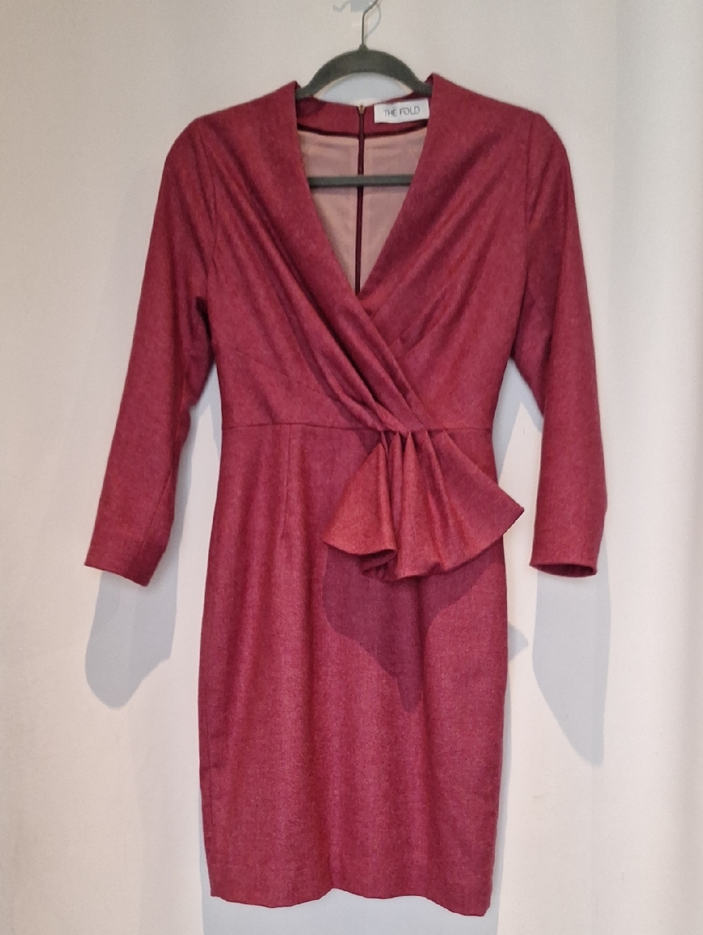 The Fold Red/ Pink Wool Blend Wrap-Front Peplum Dress
